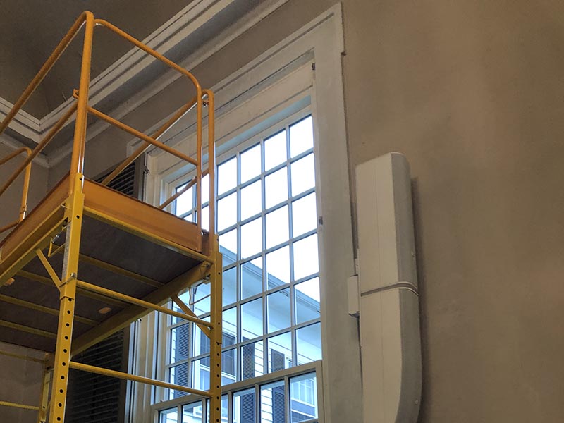 Scaffolding to finish the interior of the windows